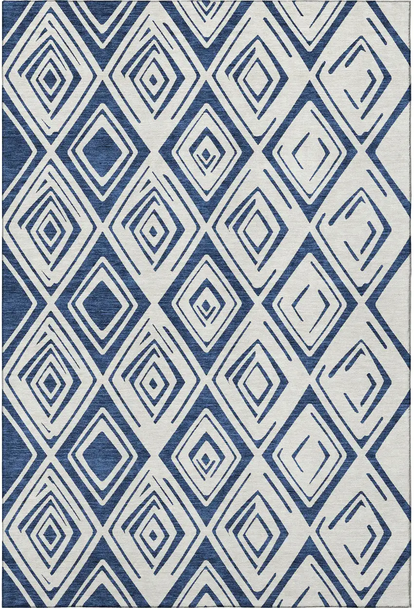 Navy Blue And Ivory Diamond Washable Area Rug With UV Protection Photo 4