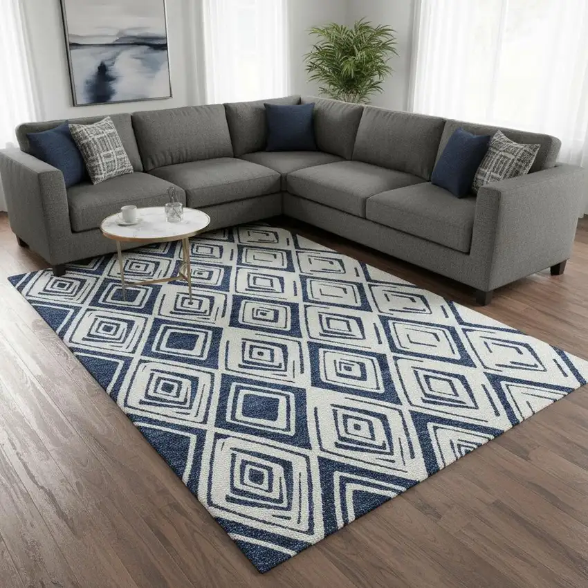 Navy Blue And Ivory Diamond Washable Area Rug With UV Protection Photo 2