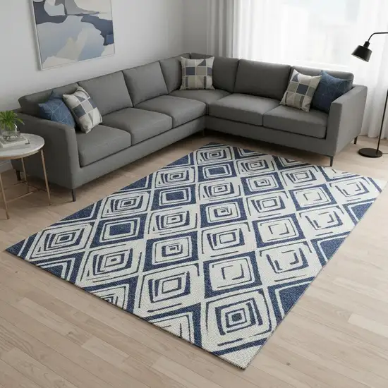 Navy Blue And Ivory Diamond Washable Area Rug With UV Protection Photo 2