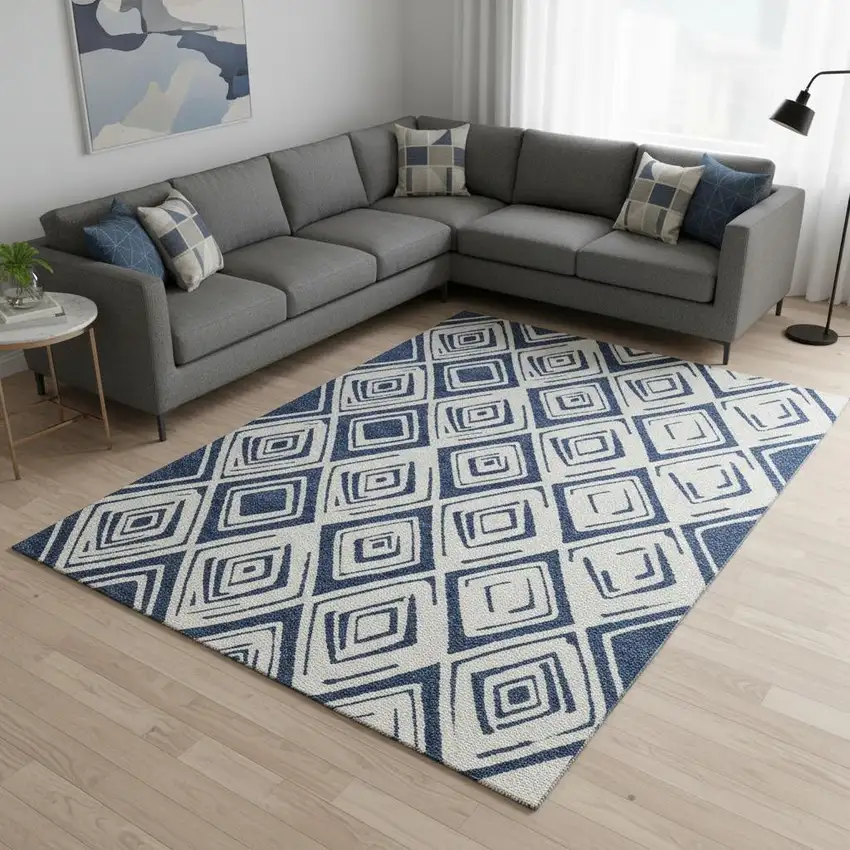 Navy Blue And Ivory Diamond Washable Area Rug With UV Protection Photo 2