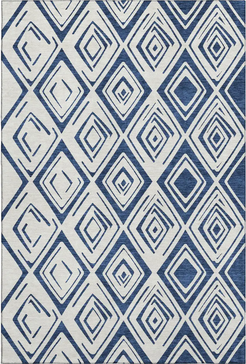 Navy Blue And Ivory Diamond Washable Area Rug With UV Protection Photo 1