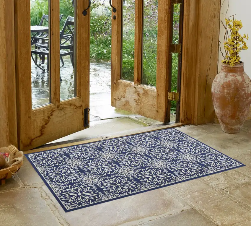 Navy Blue And Ivory Floral Area Rug Photo 1