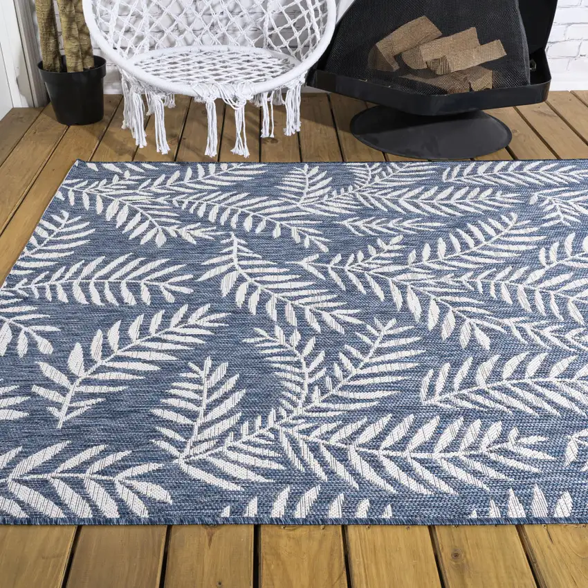 Navy Blue And Ivory Floral Indoor Outdoor Area Rug Photo 9