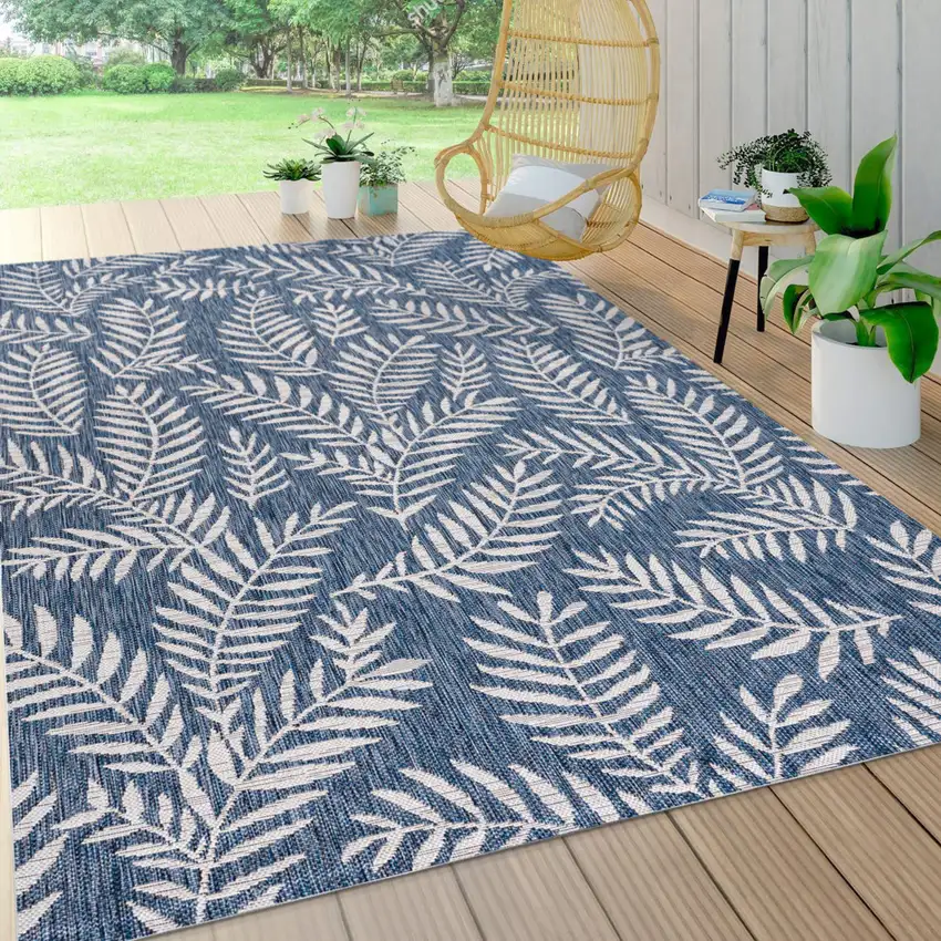 Navy Blue And Ivory Floral Indoor Outdoor Area Rug Photo 8