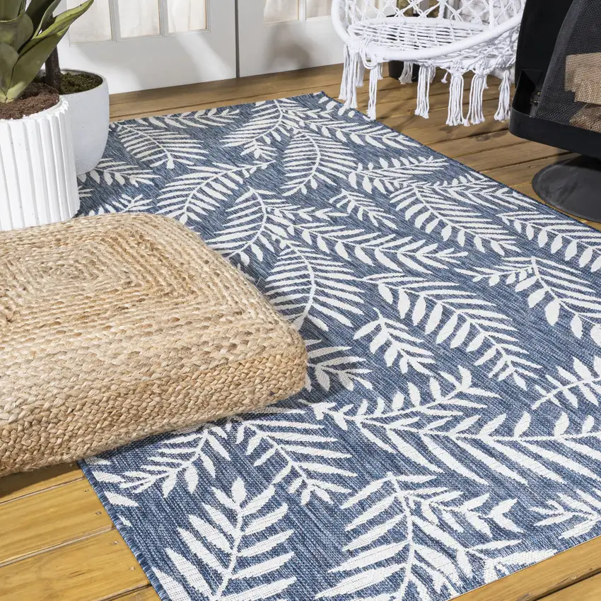 Navy Blue And Ivory Floral Indoor Outdoor Area Rug Photo 9