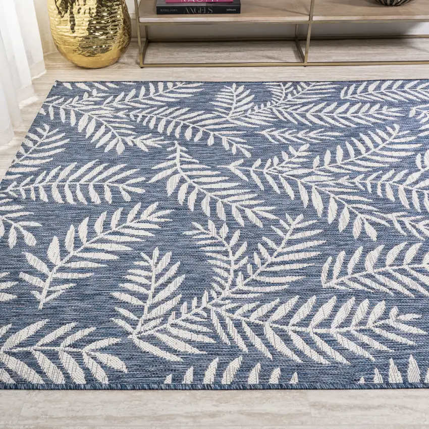 Navy Blue And Ivory Floral Indoor Outdoor Area Rug Photo 6