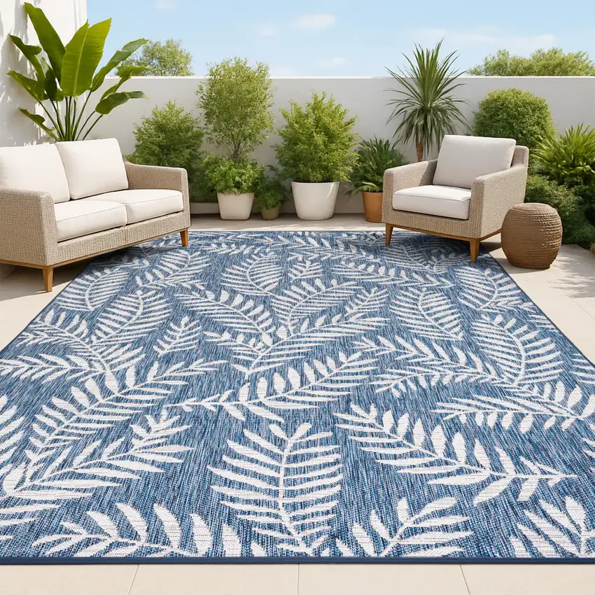 Navy Blue And Ivory Floral Indoor Outdoor Area Rug Photo 4