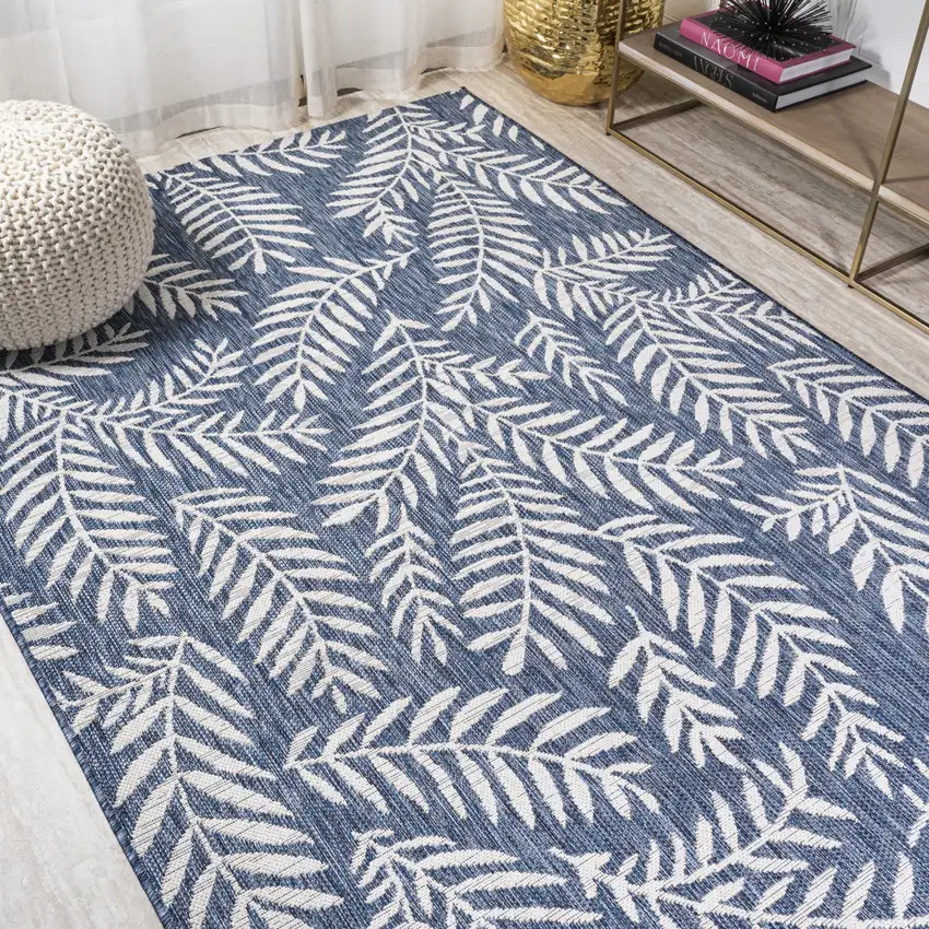 Navy Blue And Ivory Floral Indoor Outdoor Area Rug Photo 7