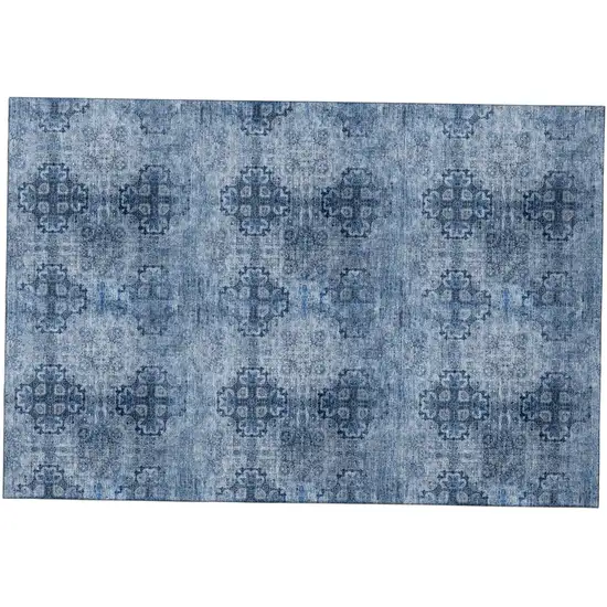 Navy Blue And Ivory Floral Medallion Distressed Washable Area Rug With UV Protection Photo 2