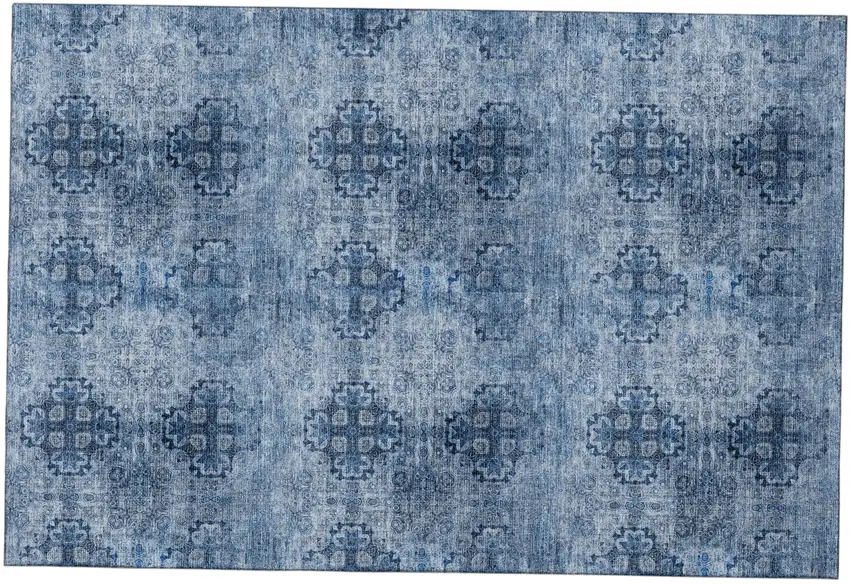 Navy Blue And Ivory Floral Medallion Distressed Washable Area Rug With UV Protection Photo 2