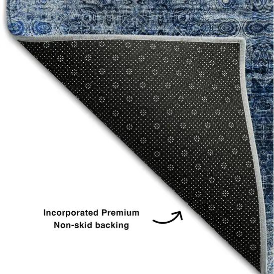 Navy Blue And Ivory Floral Medallion Washable Area Rug With UV Protection Photo 7