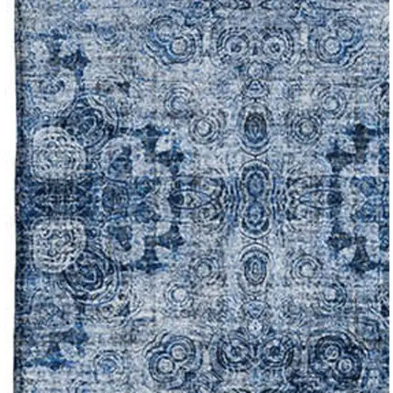 Navy Blue And Ivory Floral Medallion Washable Area Rug With UV Protection Photo 3