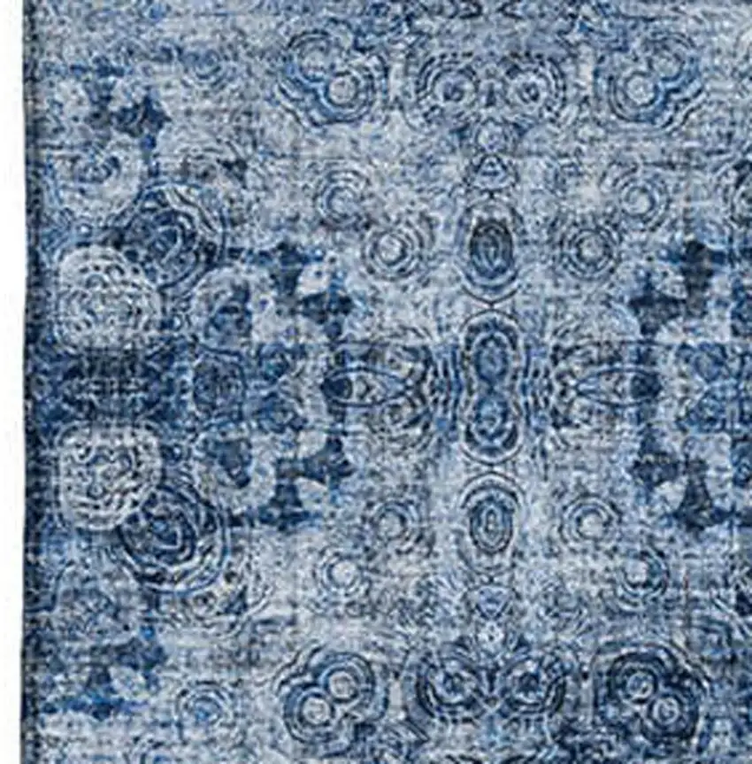 Navy Blue And Ivory Floral Medallion Washable Area Rug With UV Protection Photo 3