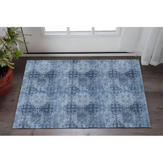 Navy Blue And Ivory Floral Medallion Washable Area Rug With UV Protection Photo 2