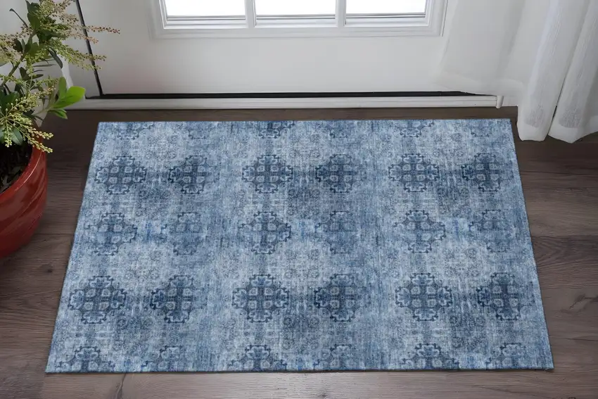 Navy Blue And Ivory Floral Medallion Washable Area Rug With UV Protection Photo 2