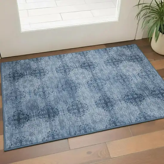 Navy Blue And Ivory Floral Medallion Washable Area Rug With UV Protection Photo 1