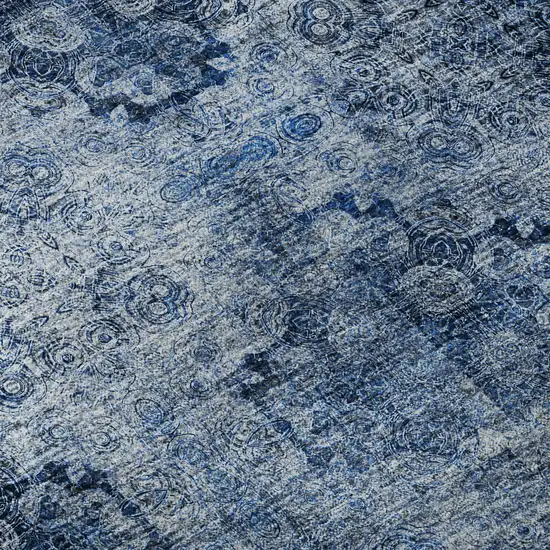 Navy Blue And Ivory Floral Medallion Distressed Washable Area Rug With UV Protection Photo 9