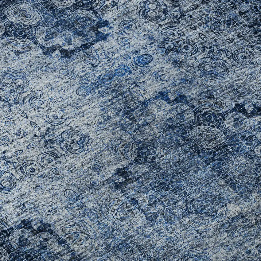 Navy Blue And Ivory Floral Medallion Distressed Washable Area Rug With UV Protection Photo 9