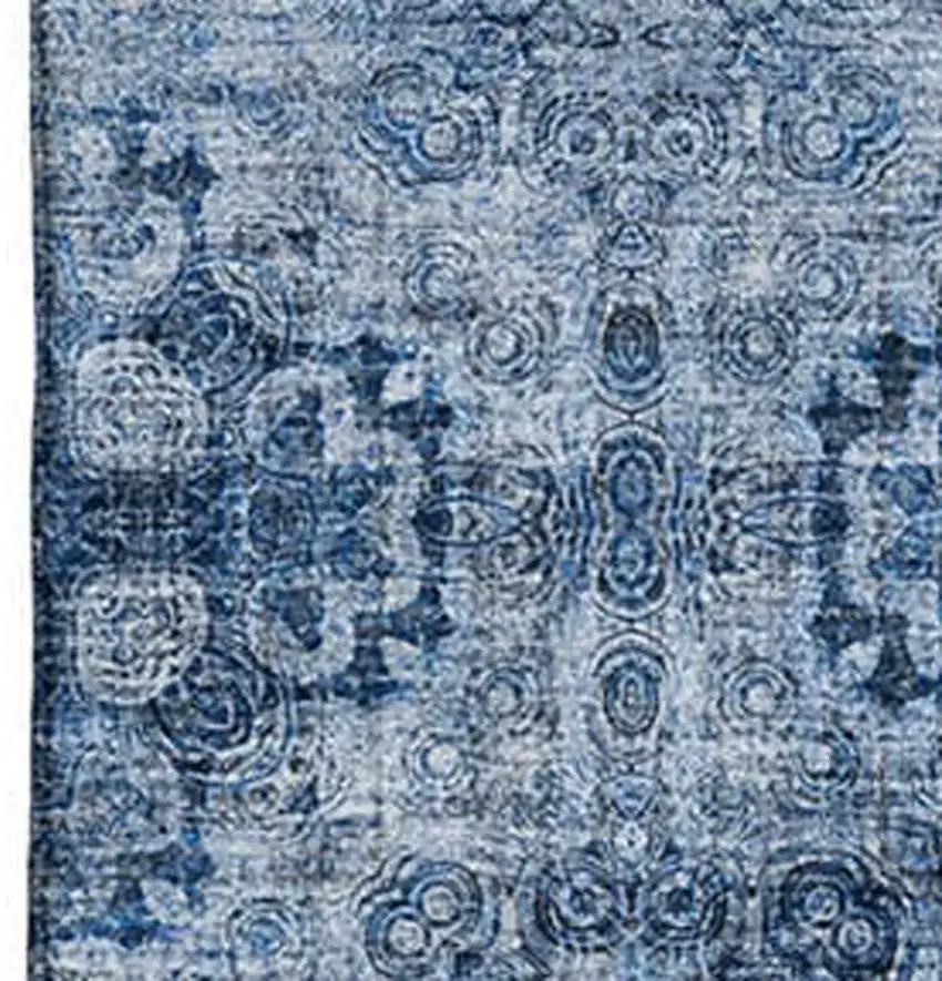 Navy Blue And Ivory Floral Medallion Washable Area Rug With UV Protection Photo 3