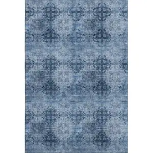 Photo of Navy Blue And Ivory Floral Medallion Washable Area Rug With UV Protection
