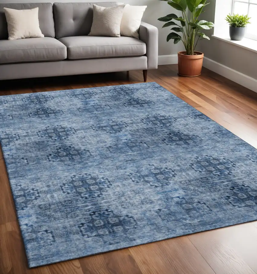 Navy Blue And Ivory Floral Medallion Washable Area Rug With UV Protection Photo 2