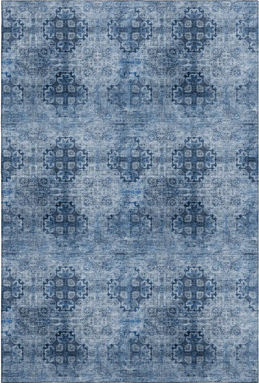 Navy Blue And Ivory Floral Medallion Washable Area Rug With UV Protection Photo 1