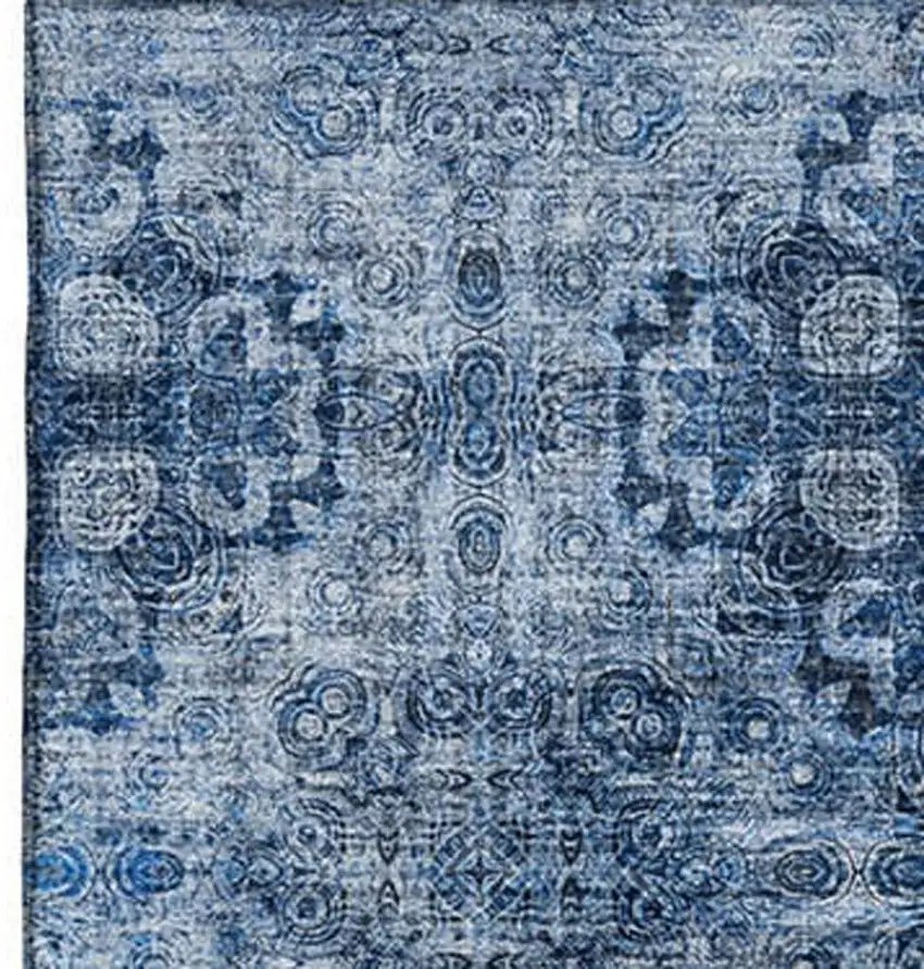 Navy Blue And Ivory Floral Medallion Washable Area Rug With UV Protection Photo 4