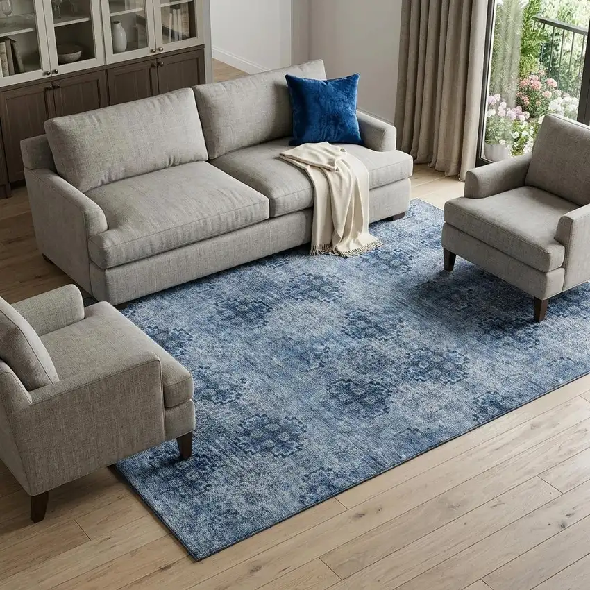Navy Blue And Ivory Floral Medallion Distressed Washable Area Rug With UV Protection Photo 1