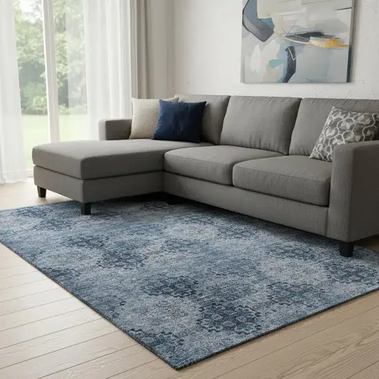 Navy Blue And Ivory Floral Medallion Washable Area Rug With UV Protection Photo 1