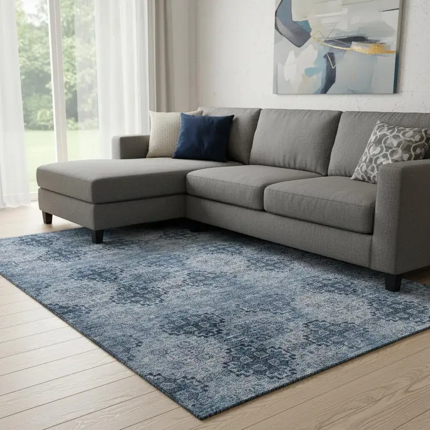 Navy Blue And Ivory Floral Medallion Washable Area Rug With UV Protection Photo 1