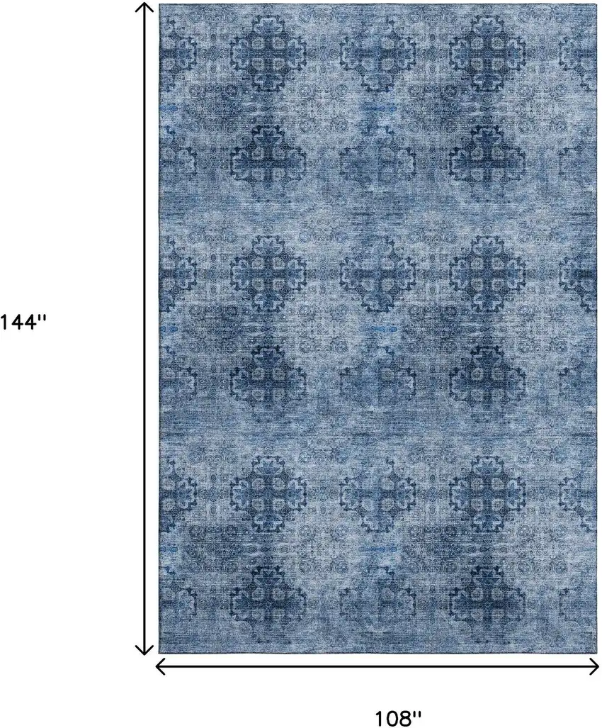 Navy Blue And Ivory Floral Medallion Washable Area Rug With UV Protection Photo 3