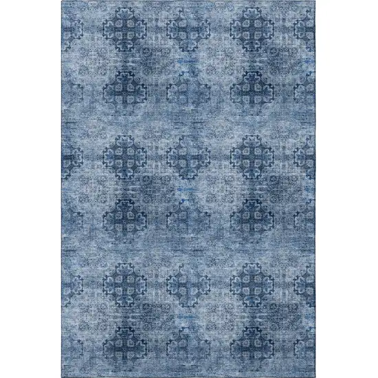 Navy Blue And Ivory Floral Medallion Washable Area Rug With UV Protection Photo 4