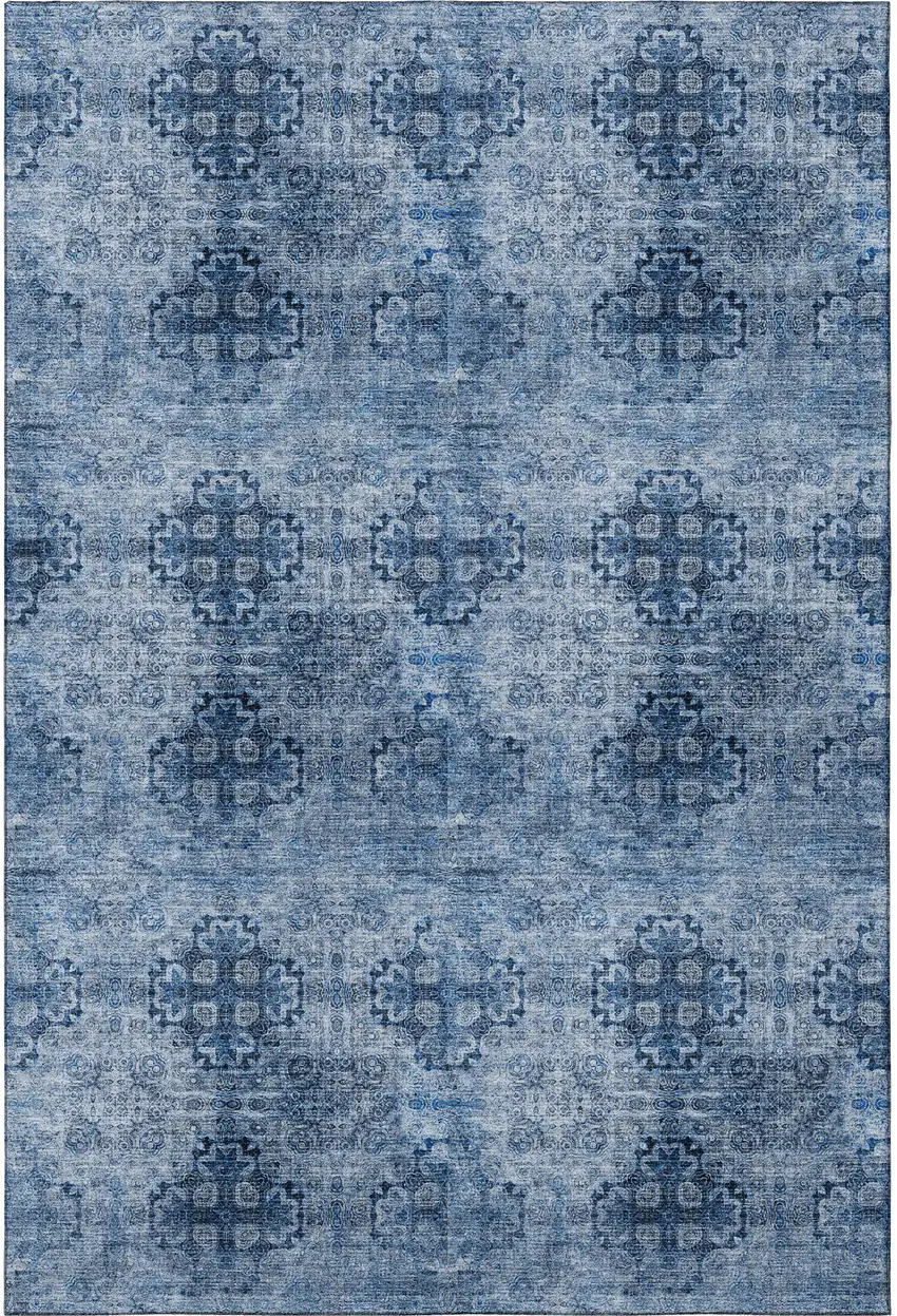 Navy Blue And Ivory Floral Medallion Washable Area Rug With UV Protection Photo 4