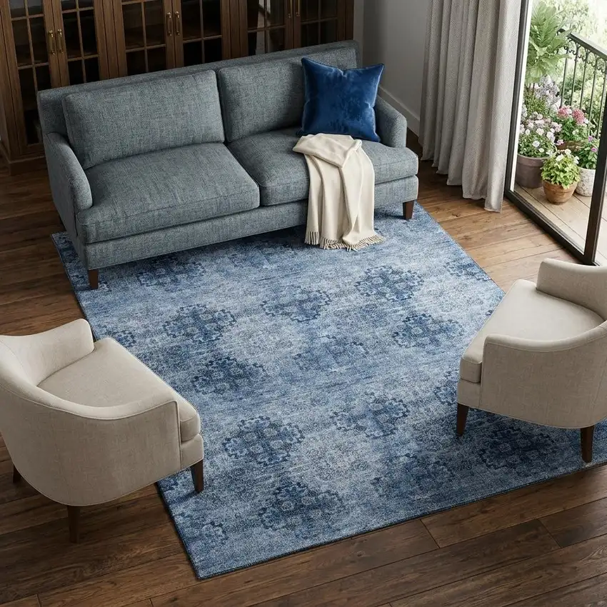 Navy Blue And Ivory Floral Medallion Distressed Washable Area Rug With UV Protection Photo 1
