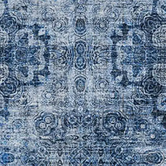 Navy Blue And Ivory Floral Medallion Washable Area Rug With UV Protection Photo 3