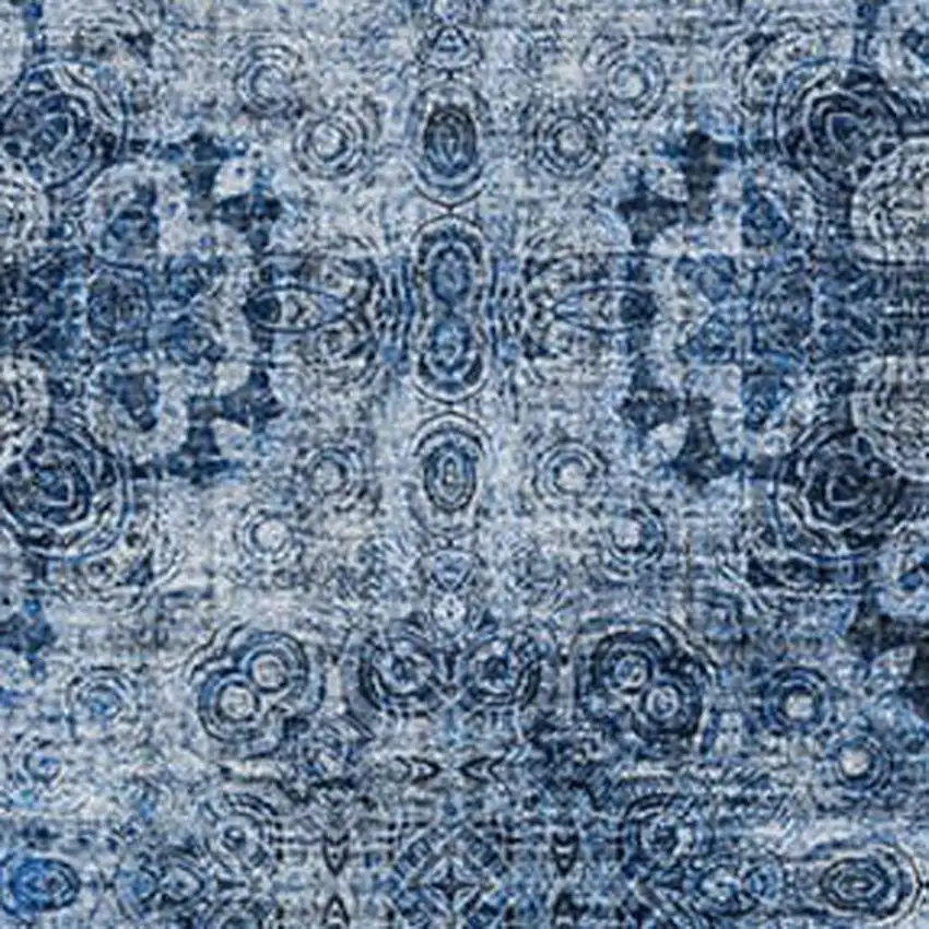 Navy Blue And Ivory Floral Medallion Washable Area Rug With UV Protection Photo 3