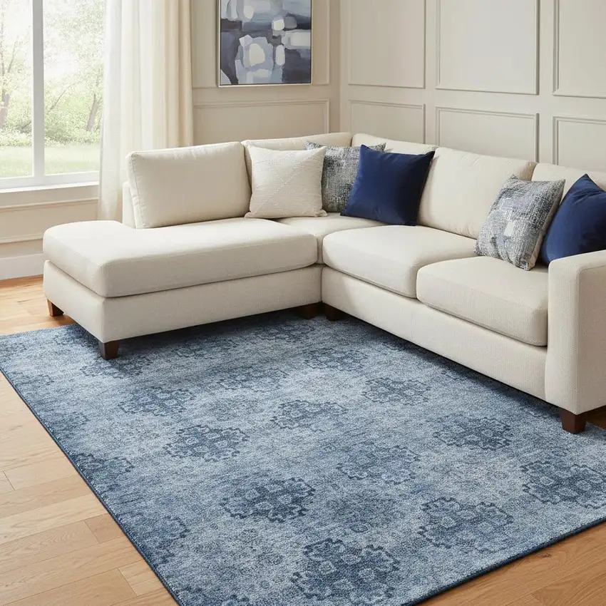 Navy Blue And Ivory Floral Medallion Washable Area Rug With UV Protection Photo 1