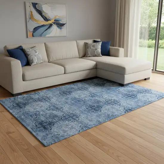 Navy Blue And Ivory Floral Medallion Washable Area Rug With UV Protection Photo 1