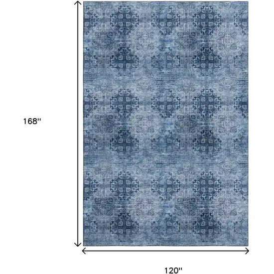 Navy Blue And Ivory Floral Medallion Washable Area Rug With UV Protection Photo 3