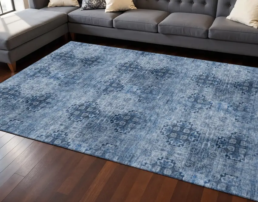 Navy Blue And Ivory Floral Medallion Washable Area Rug With UV Protection Photo 2