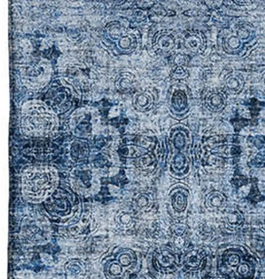 Navy Blue And Ivory Floral Medallion Washable Area Rug With UV Protection Photo 3