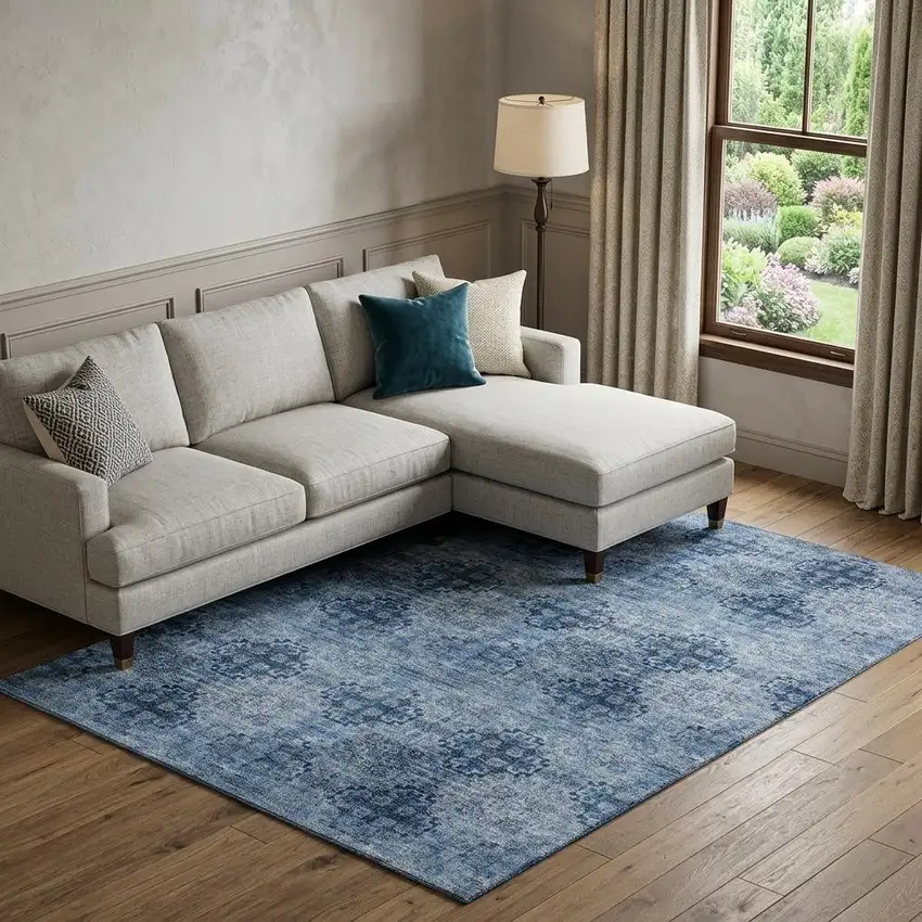 Navy Blue And Ivory Floral Medallion Distressed Washable Area Rug With UV Protection Photo 1