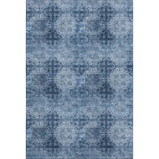 Navy Blue And Ivory Floral Medallion Washable Area Rug With UV Protection Photo 1