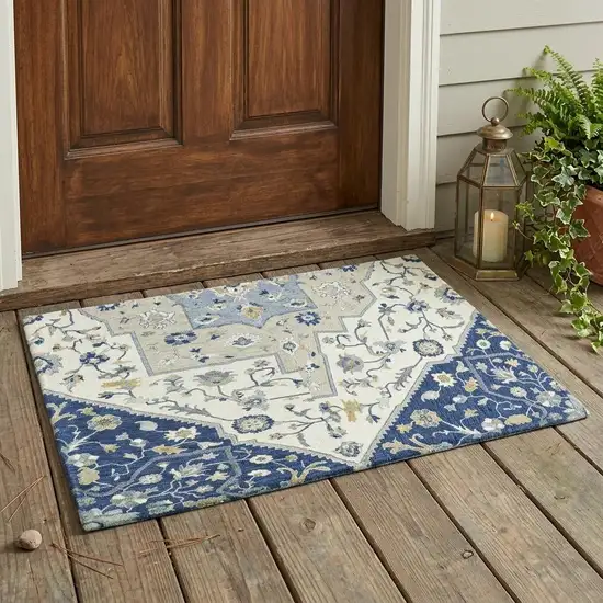 Navy Blue And Ivory Floral Medallion Washable Indoor Outdoor Area Rug Photo 1