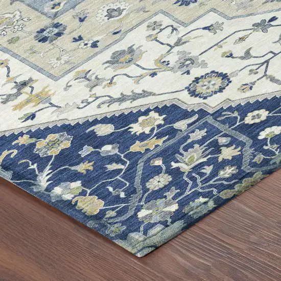 Navy Blue And Ivory Floral Medallion Washable Indoor Outdoor Area Rug Photo 3