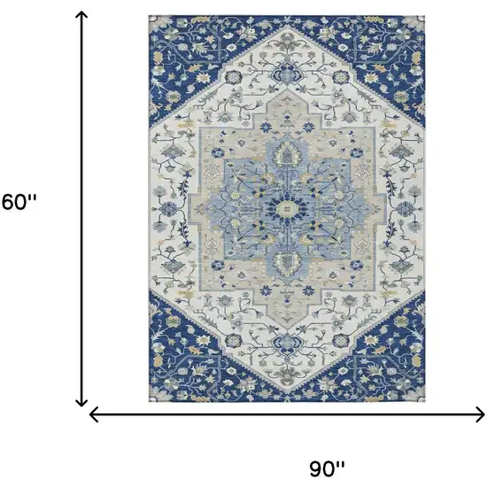 Navy Blue And Ivory Floral Medallion Washable Indoor Outdoor Area Rug Photo 5