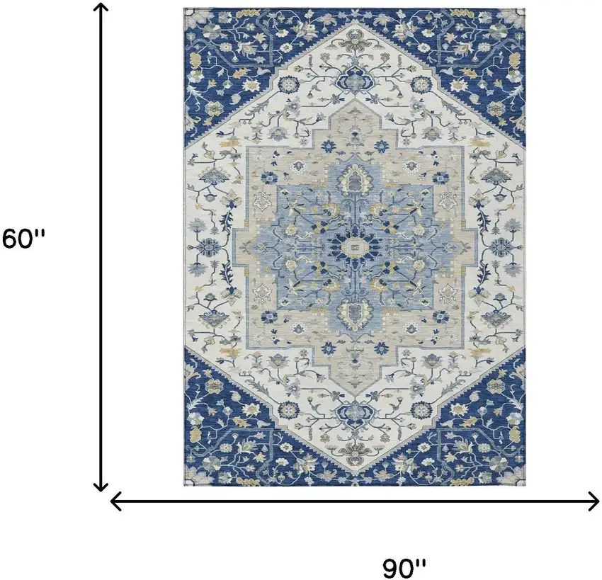 Navy Blue And Ivory Floral Medallion Washable Indoor Outdoor Area Rug Photo 5