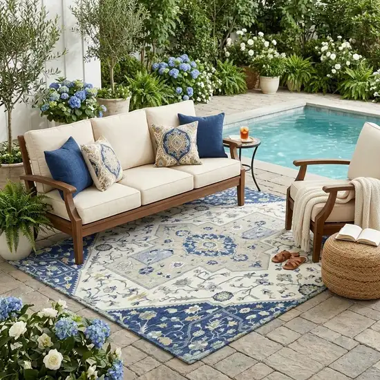 Navy Blue And Ivory Floral Medallion Washable Indoor Outdoor Area Rug Photo 1