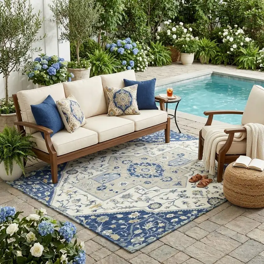Navy Blue And Ivory Floral Medallion Washable Indoor Outdoor Area Rug Photo 1