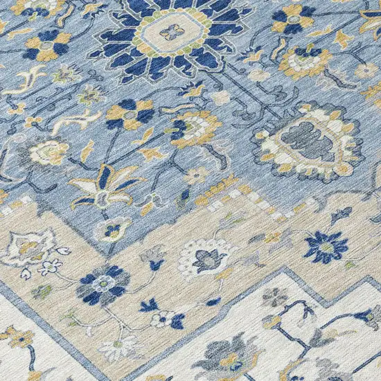 Navy Blue And Ivory Floral Medallion Washable Indoor Outdoor Area Rug Photo 4